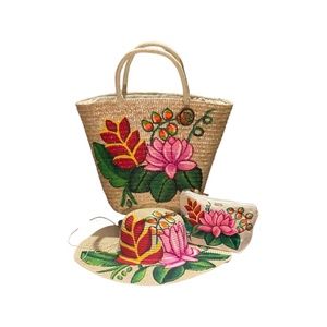 Floral Hand Painted Beach Bag with Matching Hat & Makeup Bag !